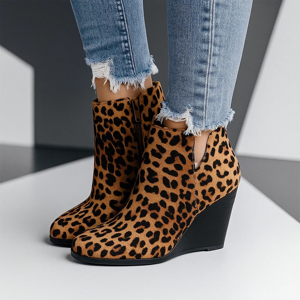 Marianne | Bottines Compensées Femme Aspect Daim à Découpe Latérale - Marron léopard