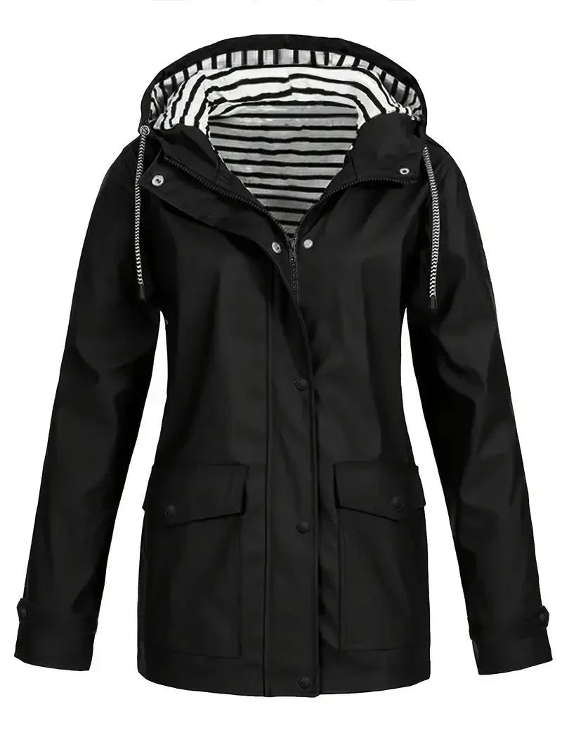 Marie | Veste de Pluie Femme Déperlante à Capuche et Doublure Rayée - Noir