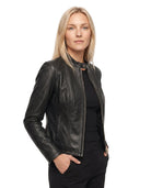 Mariette | Veste Effet Cuir Femme Coupe Ajustée à Col Montant et Zip - Noir