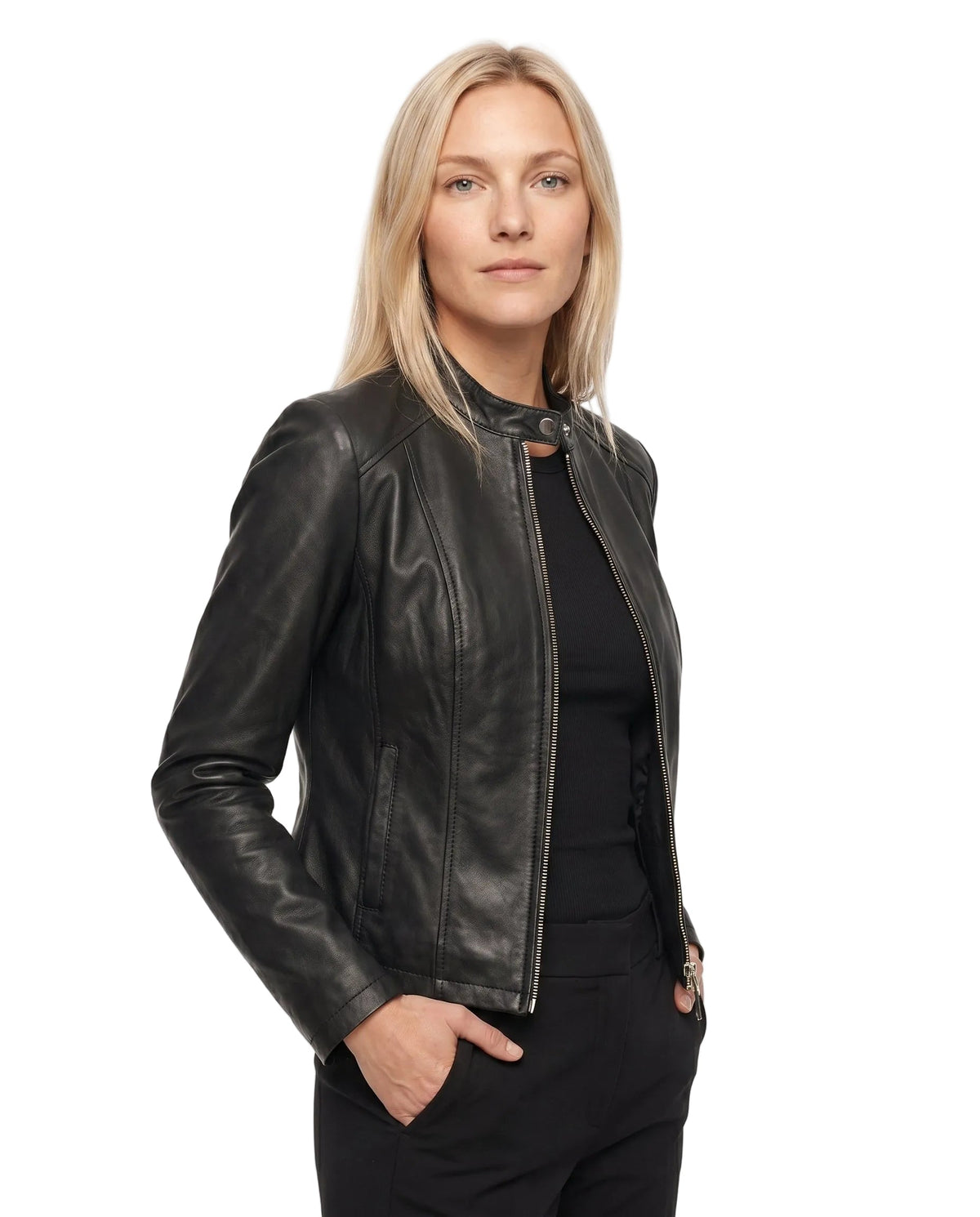 Mariette | Veste Effet Cuir Femme Coupe Ajustée à Col Montant et Zip - Noir