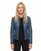 Mariette | Veste Effet Cuir Femme Coupe Ajustée à Col Montant et Zip - Bleu