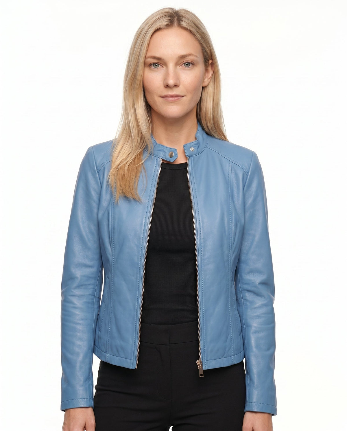 Mariette | Veste Effet Cuir Femme Coupe Ajustée à Col Montant et Zip - Bleu clair