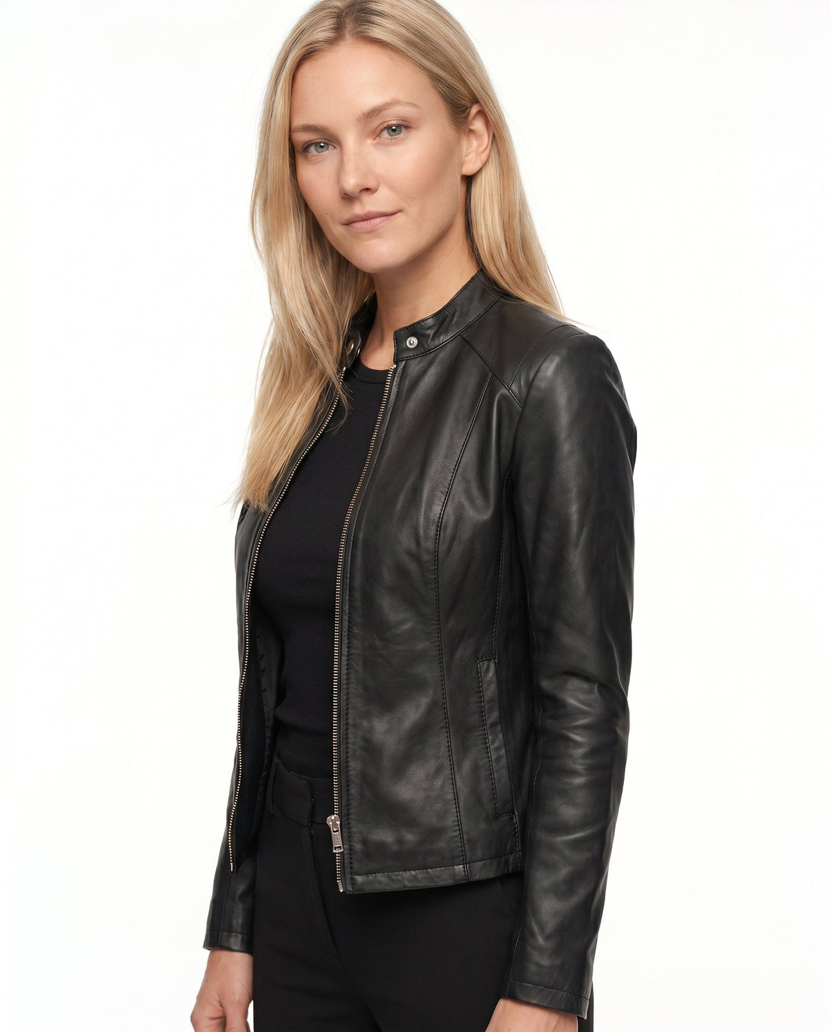 Mariette | Veste Effet Cuir Femme Coupe Ajustée à Col Montant et Zip - vue 6