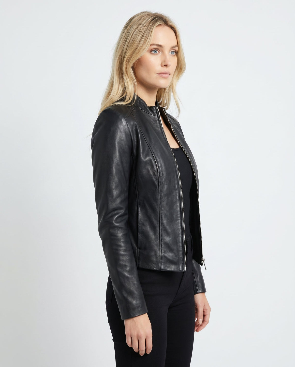 Mariette | Veste Effet Cuir Femme Coupe Ajustée à Col Montant et Zip - vue 7