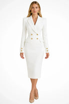 Marion | Robe Blazer Midi Femme Cintrée à Double Boutonnage Doré - Blanc
