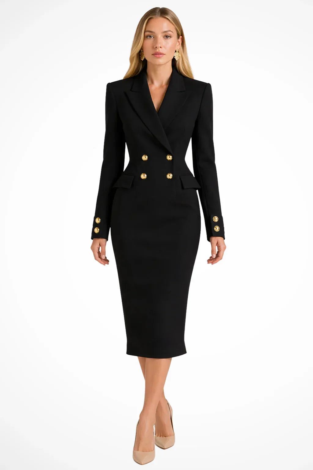 Marion | Robe Blazer Midi Femme Cintrée à Double Boutonnage Doré - Noir