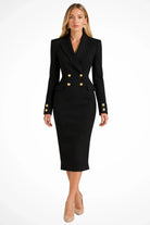 Marion | Robe Blazer Midi Femme Cintrée à Double Boutonnage Doré - Noir