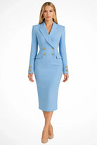 Marion | Robe Blazer Midi Femme Cintrée à Double Boutonnage Doré - Bleu