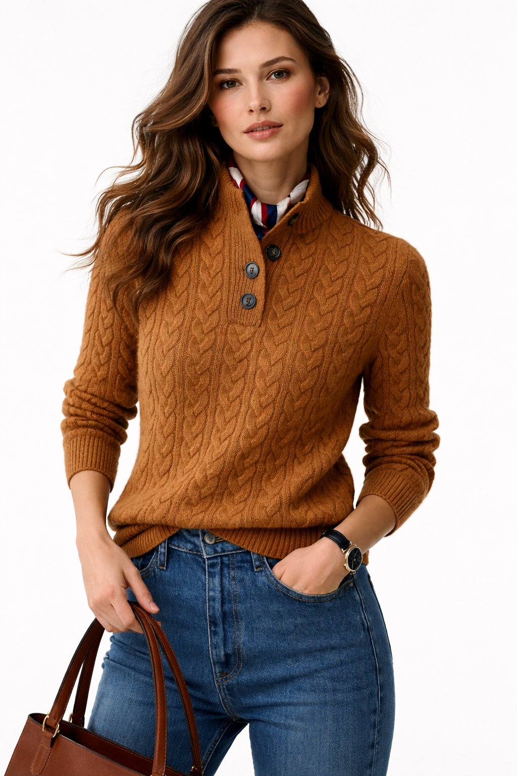 Marthe | Pull Femme en Maille Torsadée à Col Montant Boutonné - Camel