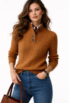 Marthe | Pull Femme en Maille Torsadée à Col Montant Boutonné - Camel