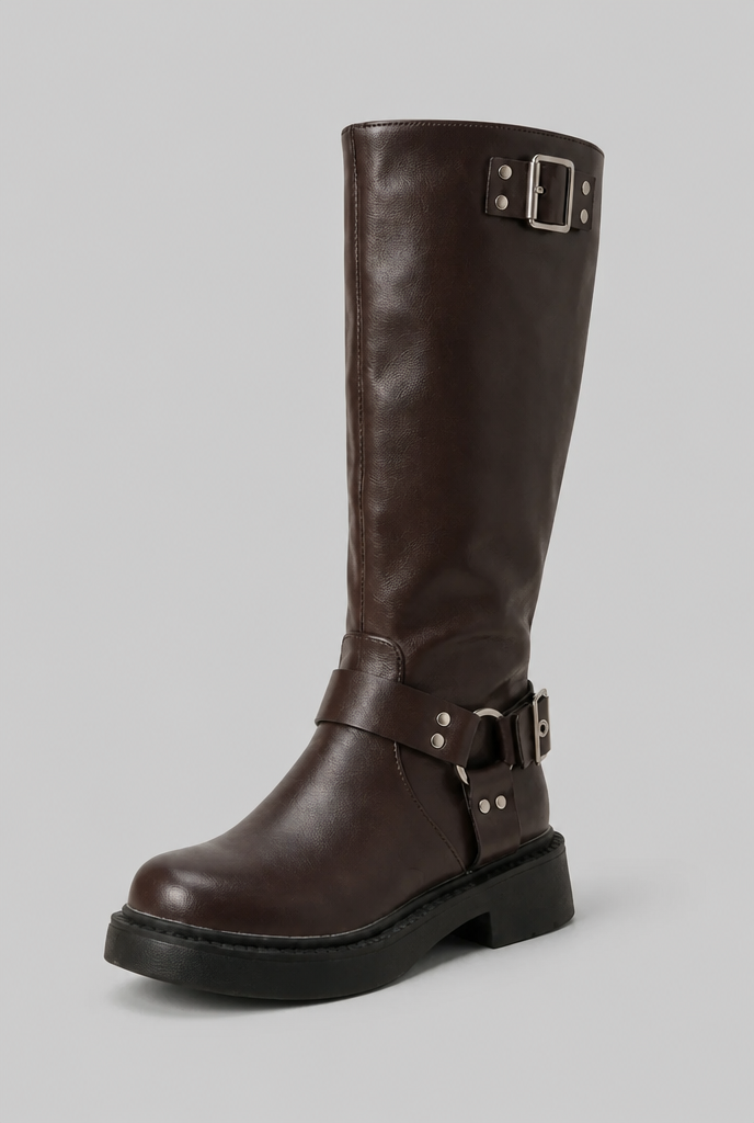 Maud | Bottes Biker Hautes Femme Effet Cuir à Sangle et Boucle - Chocolat