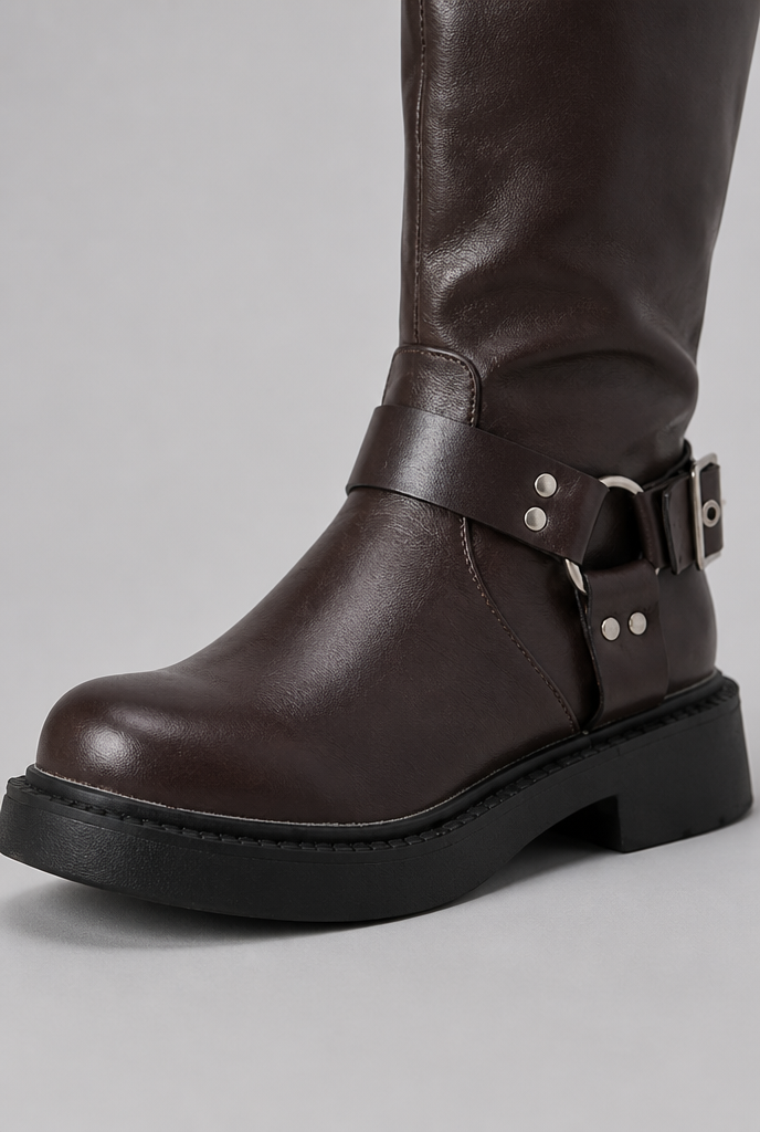 Maud | Bottes Biker Hautes Femme Effet Cuir à Sangle et Boucle - vue 2