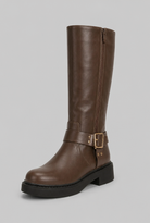 Maud | Bottes Biker Hautes Femme Effet Cuir à Sangle et Boucle - Marron