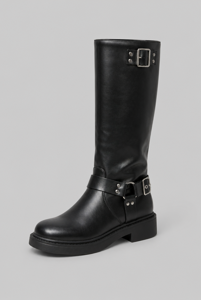 Maud | Bottes Biker Hautes Femme Effet Cuir à Sangle et Boucle - Noir