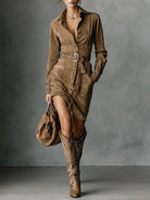 Mélanie | Robe Chemise Midi Femme Aspect Daim à Ceinture et Manches Longues - Marron