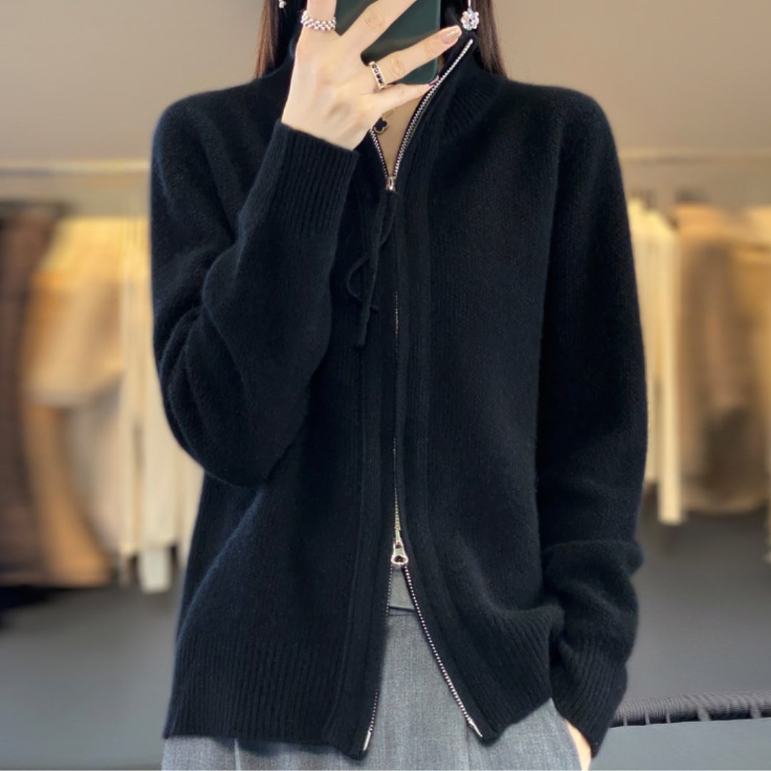 Monique | Gilet Zippé Femme Oversize à Col Montant, Toucher Laine - Noir