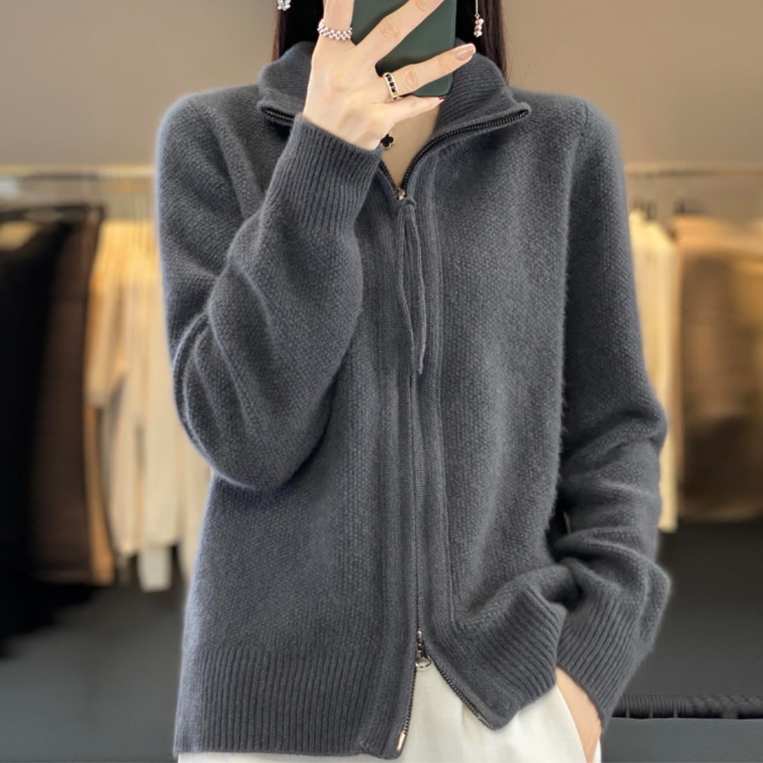 Monique | Gilet Zippé Femme Oversize à Col Montant, Toucher Laine - Gris foncé