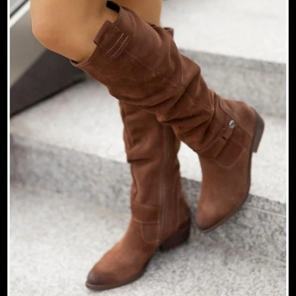 Muriel | Bottes Hautes Femme Aspect Daim à Talon Bas - Marron foncé