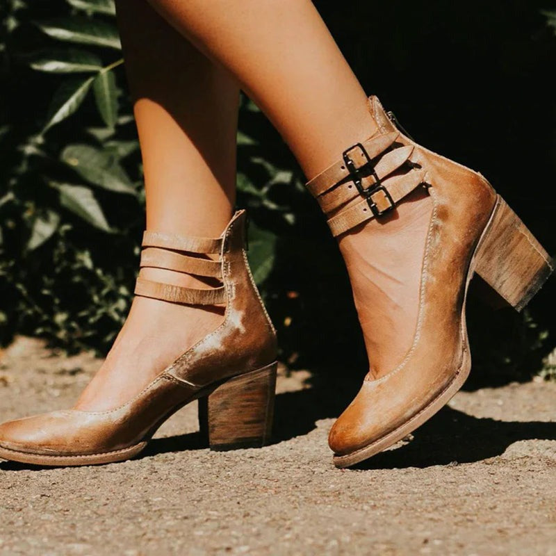 Ninon | Chaussures Femme à Talon Carré et Triple Bride, Effet Cuir Vieilli - Marron