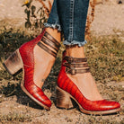 Ninon | Chaussures Femme à Talon Carré et Triple Bride, Effet Cuir Vieilli - Rouge effet croco