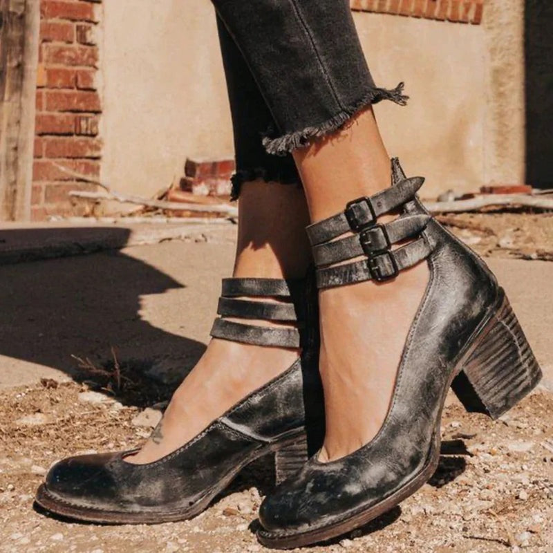 Ninon | Chaussures Femme à Talon Carré et Triple Bride, Effet Cuir Vieilli - Anthracite