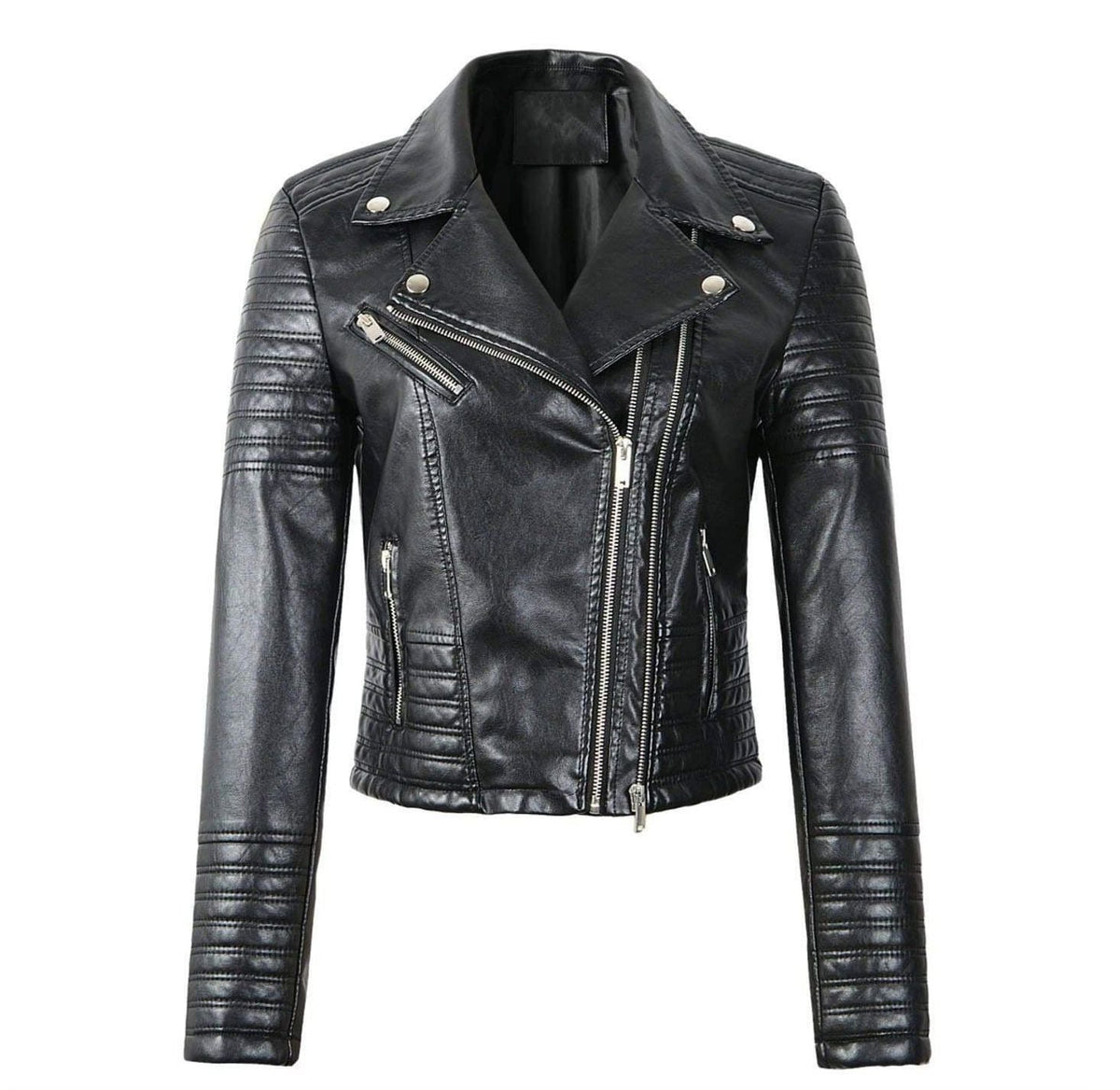 Noëlle | Veste Biker Femme Effet Cuir Cintrée Zippée à Empiècements Matelassés - Noir