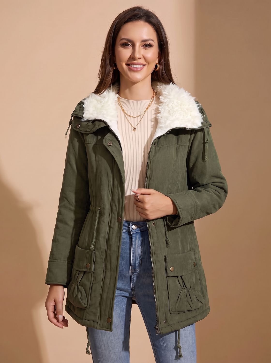Noémie | Parka Mi-Longue Femme à Col Fausse Fourrure et Taille Coulissée - Vert olive