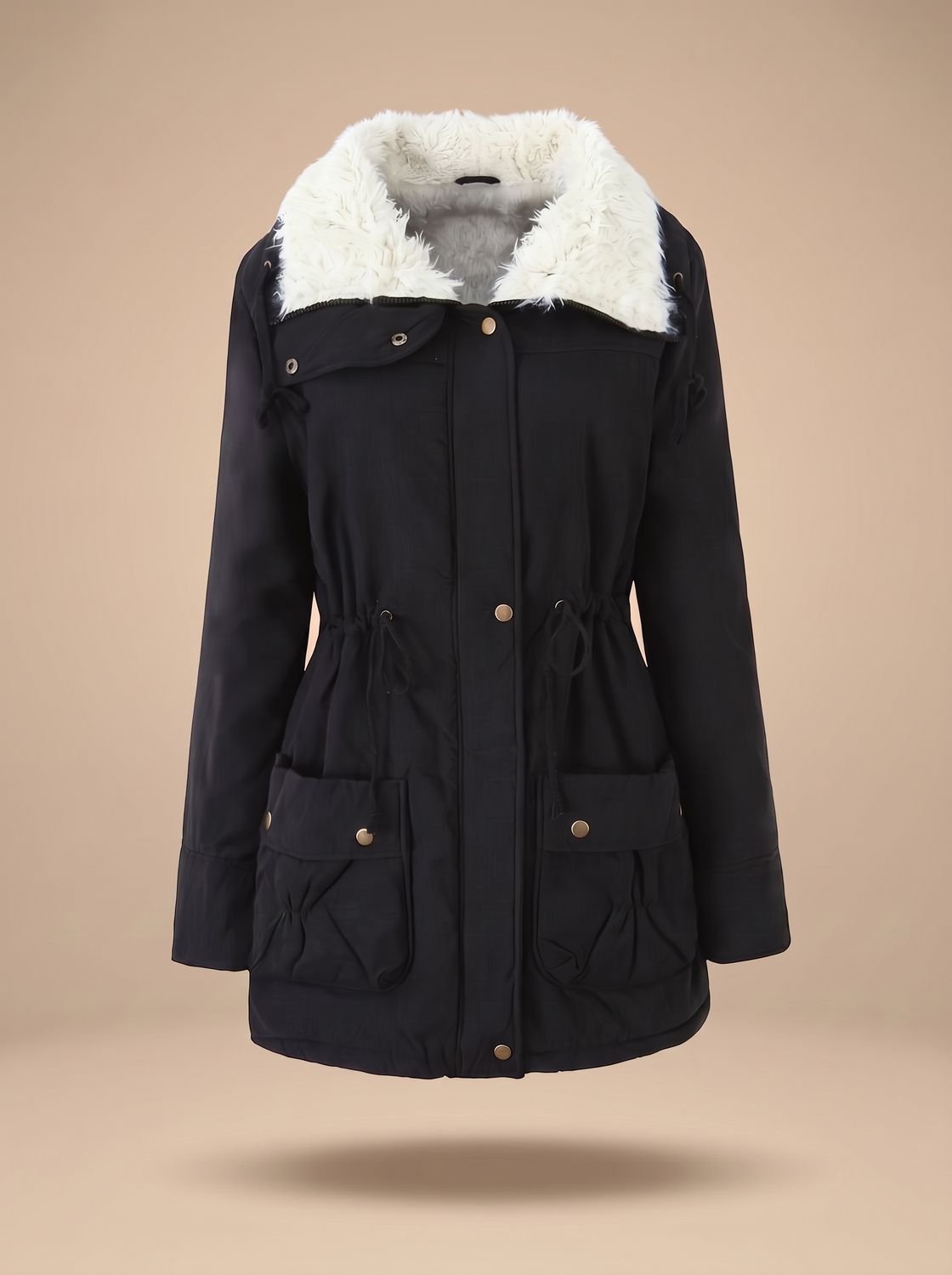 Noémie | Parka Mi-Longue Femme à Col Fausse Fourrure et Taille Coulissée - Noir