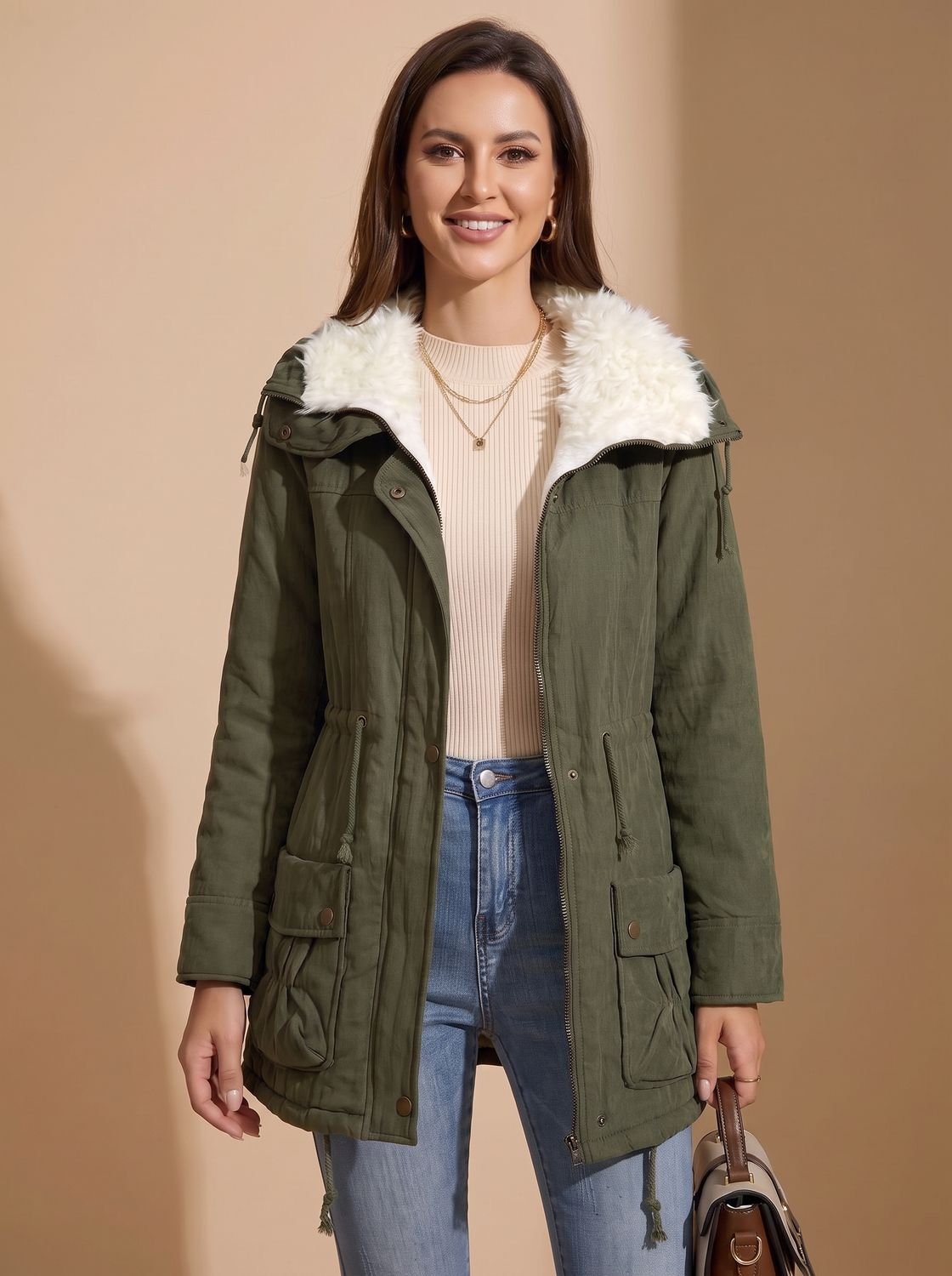 Noémie | Parka Mi-Longue Femme à Col Fausse Fourrure et Taille Coulissée - vue 3