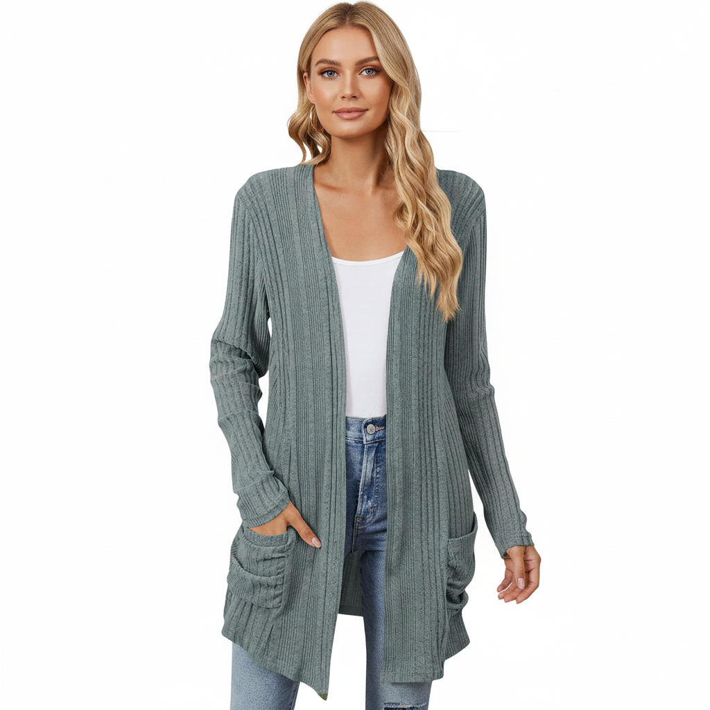 Odile | Gilet Long Femme en Maille Côtelée Ouvert avec Poches - vue 1