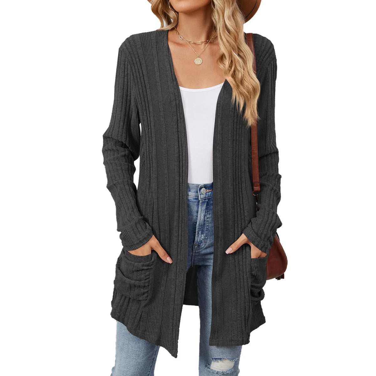 Odile | Gilet Long Femme en Maille Côtelée Ouvert avec Poches - Anthracite