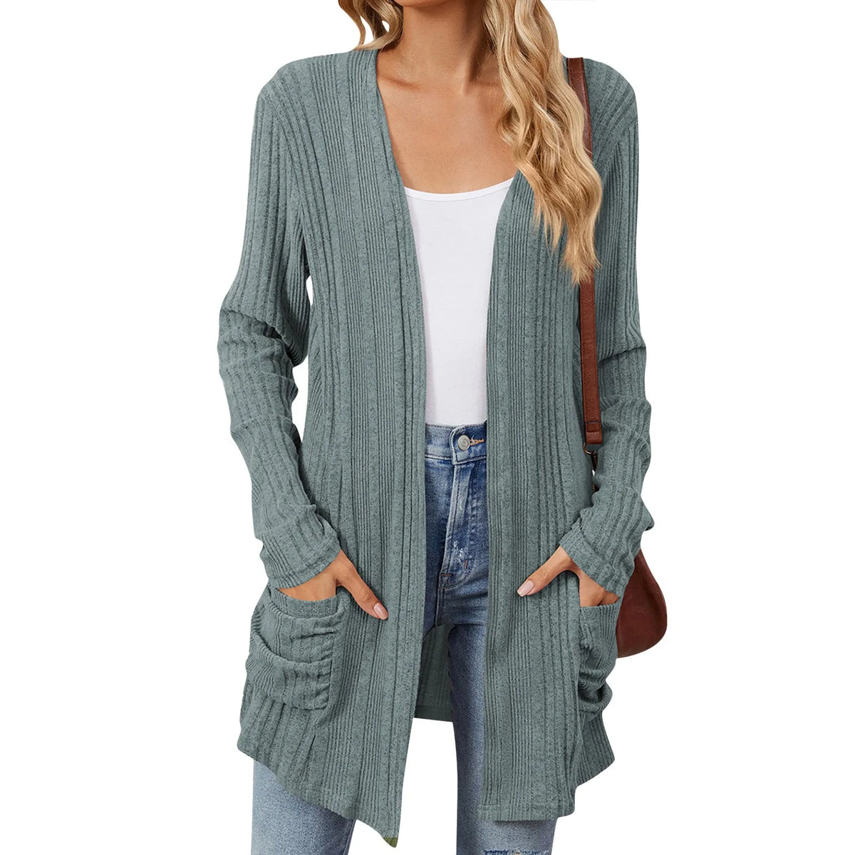 Odile | Gilet Long Femme en Maille Côtelée Ouvert avec Poches - vue 2