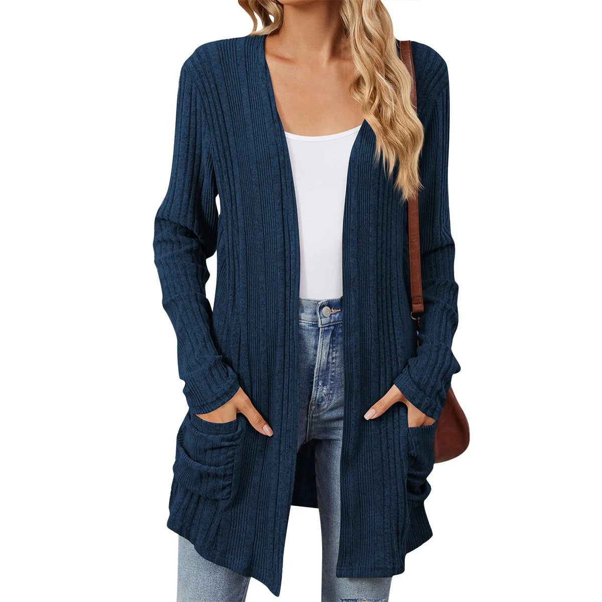 Odile | Gilet Long Femme en Maille Côtelée Ouvert avec Poches - Bleu marine