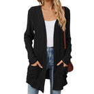 Odile | Gilet Long Femme en Maille Côtelée Ouvert avec Poches - Noir