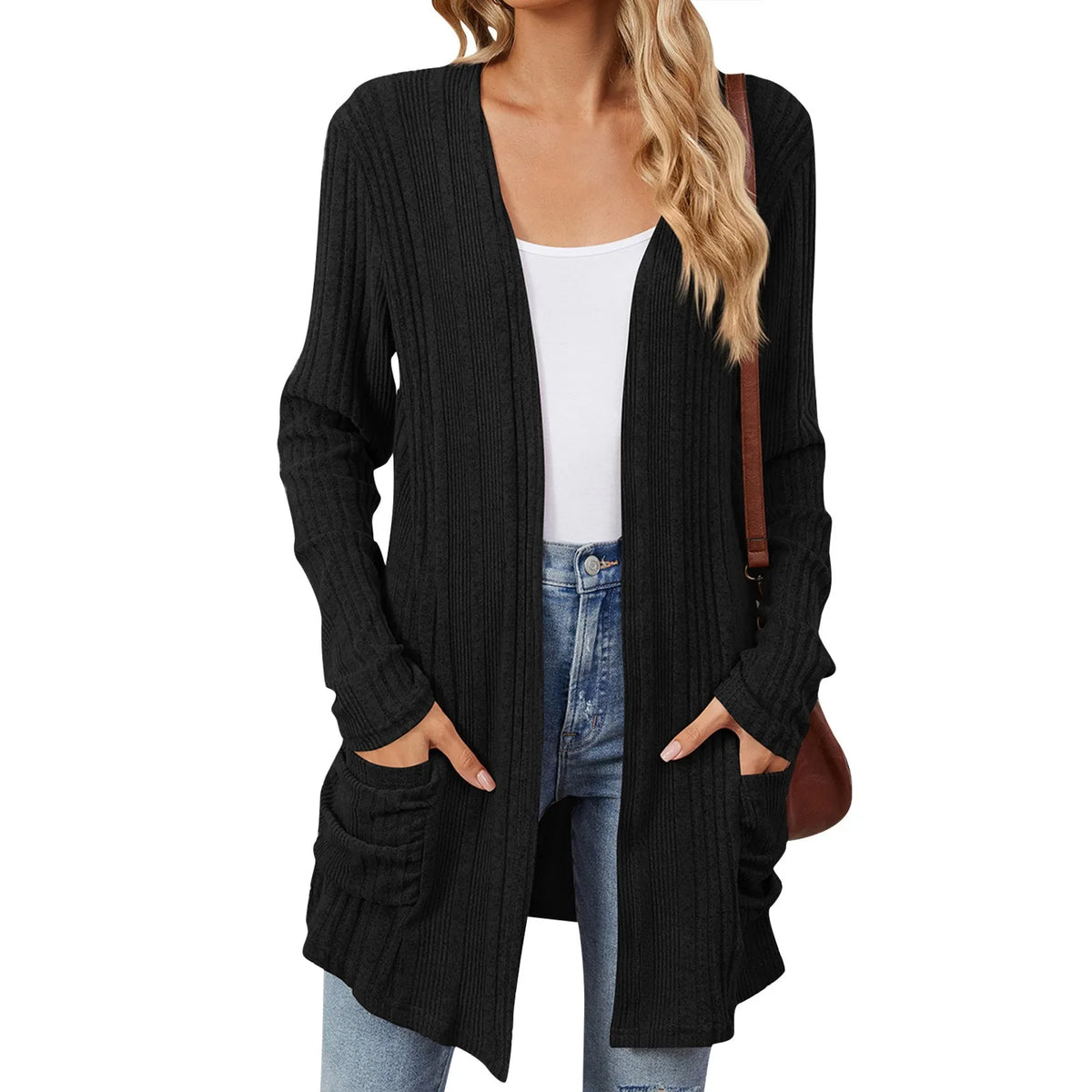 Odile | Gilet Long Femme en Maille Côtelée Ouvert avec Poches - Noir