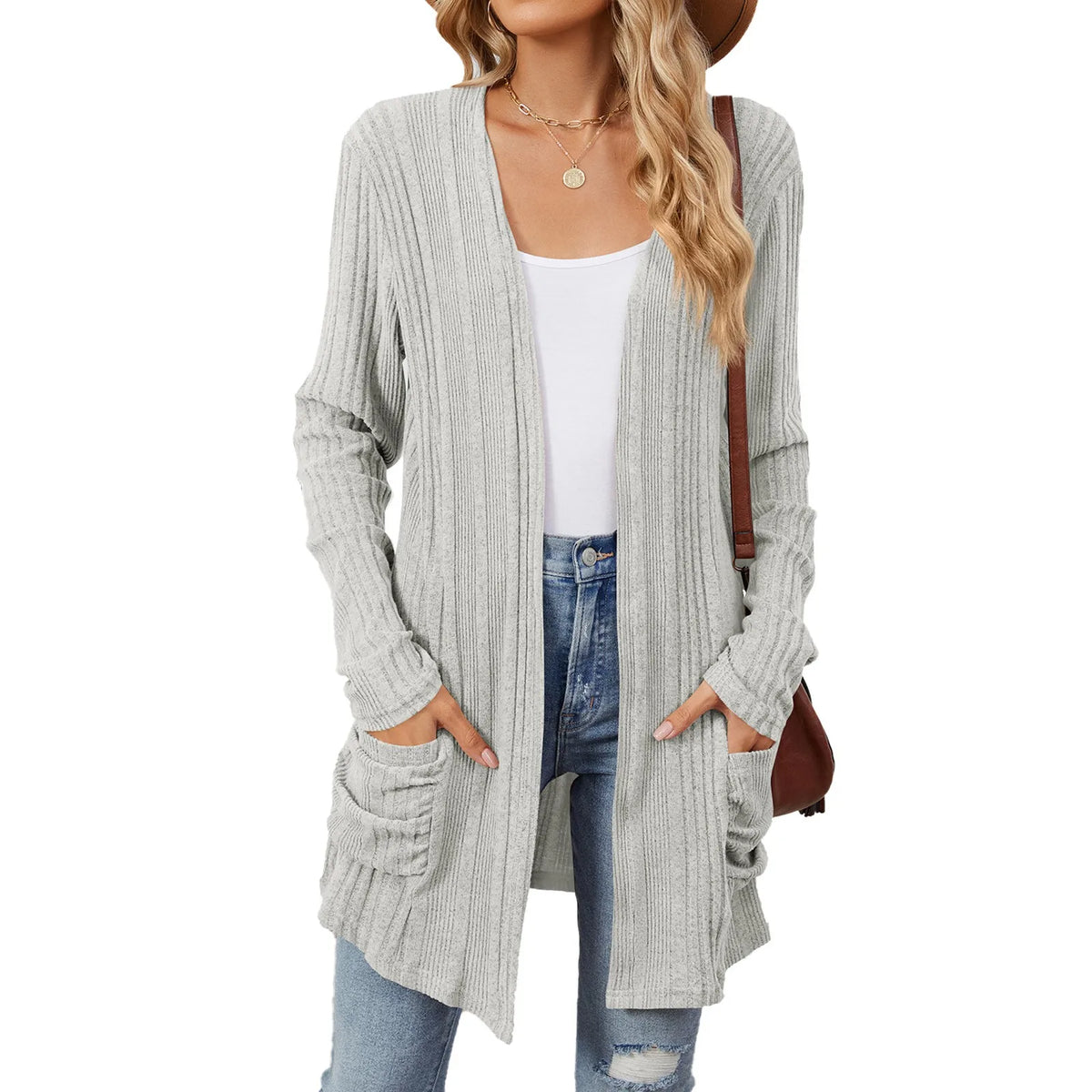 Odile | Gilet Long Femme en Maille Côtelée Ouvert avec Poches - Gris clair