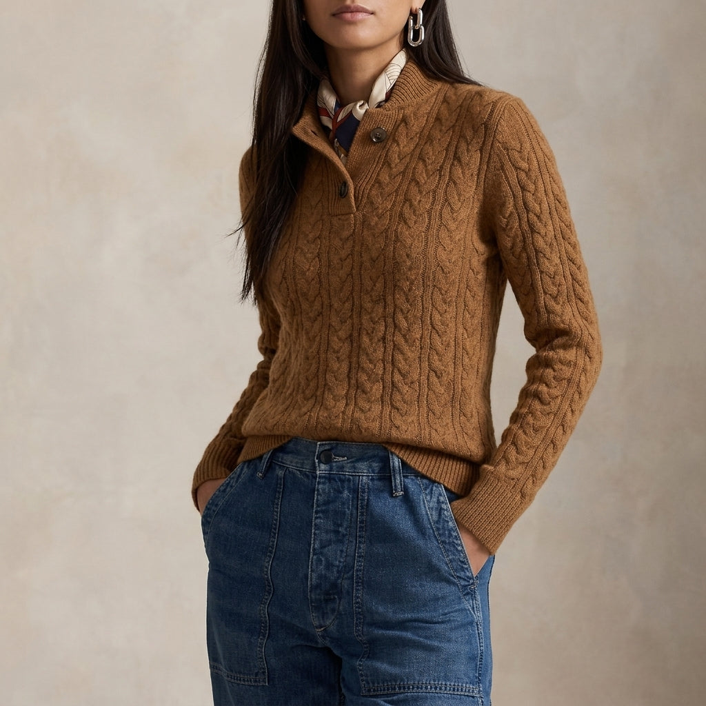 Olympe | Pull Torsadé Col Montant Boutonné Toucher Cachemire Femme - Camel