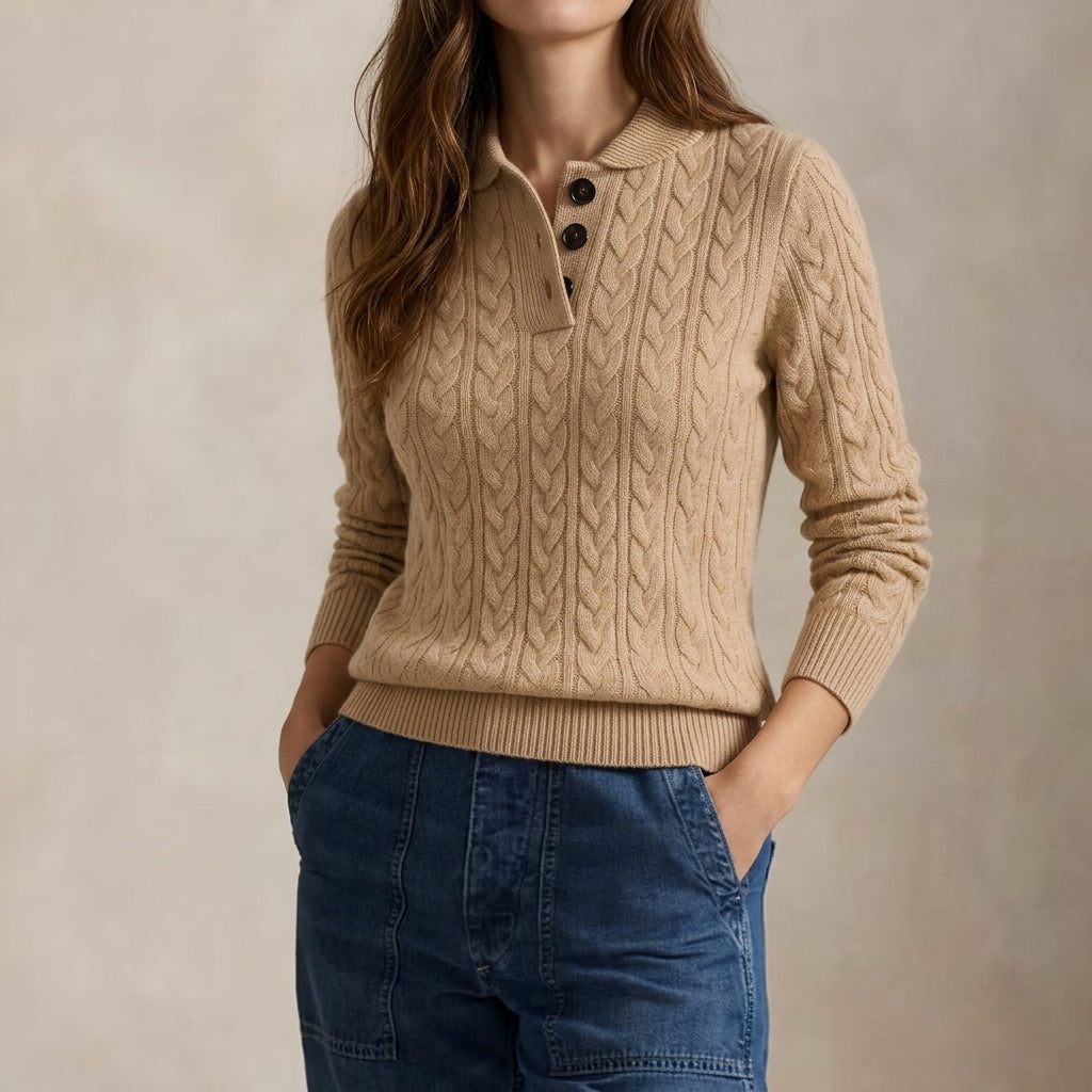 Olympe | Pull Torsadé Col Montant Boutonné Toucher Cachemire Femme - Beige