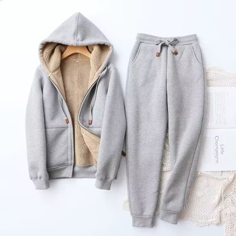 Ophélie | Ensemble Femme Sweat Zippé Doublé Sherpa et Pantalon Jogger - Gris