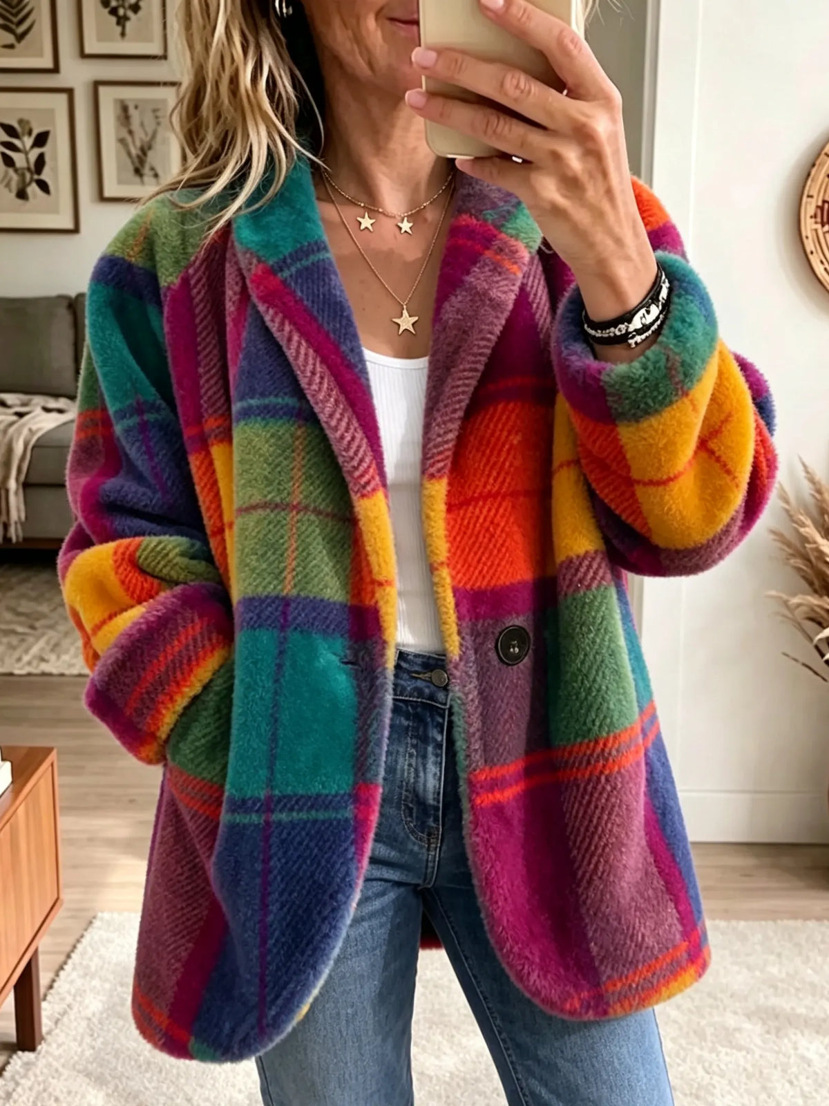 Pascaline | Manteau Court Femme à Grands Carreaux Colorés Coupe Ample - Multicolore