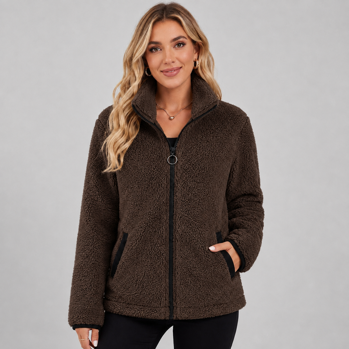 Paulette | Veste Courte Bouclée Effet Fourrure Femme Zippée à Col Montant - Marron