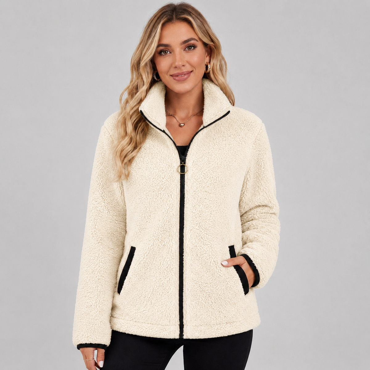 Paulette | Veste Courte Bouclée Effet Fourrure Femme Zippée à Col Montant - Beige