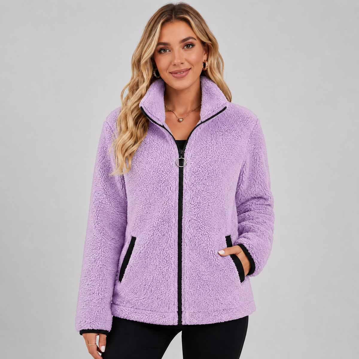 Paulette | Veste Courte Bouclée Effet Fourrure Femme Zippée à Col Montant - Violet