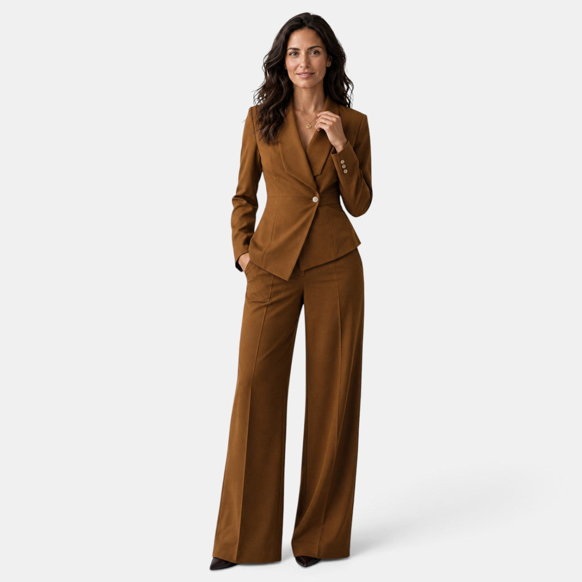 Perrine | Tailleur Pantalon Femme Blazer Cintré Col Châle et Pantalon Large - Marron