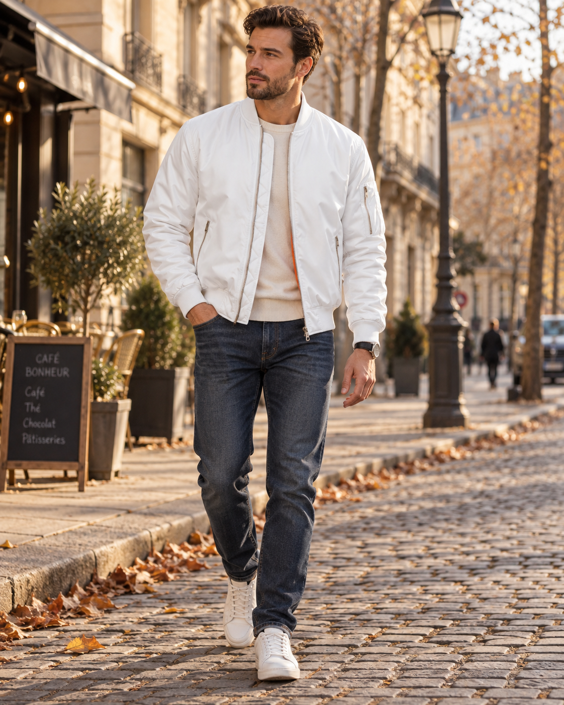 Philippe | Blouson Bomber Homme Matelassé Doublure Chaude et Poches Zippées - Blanc