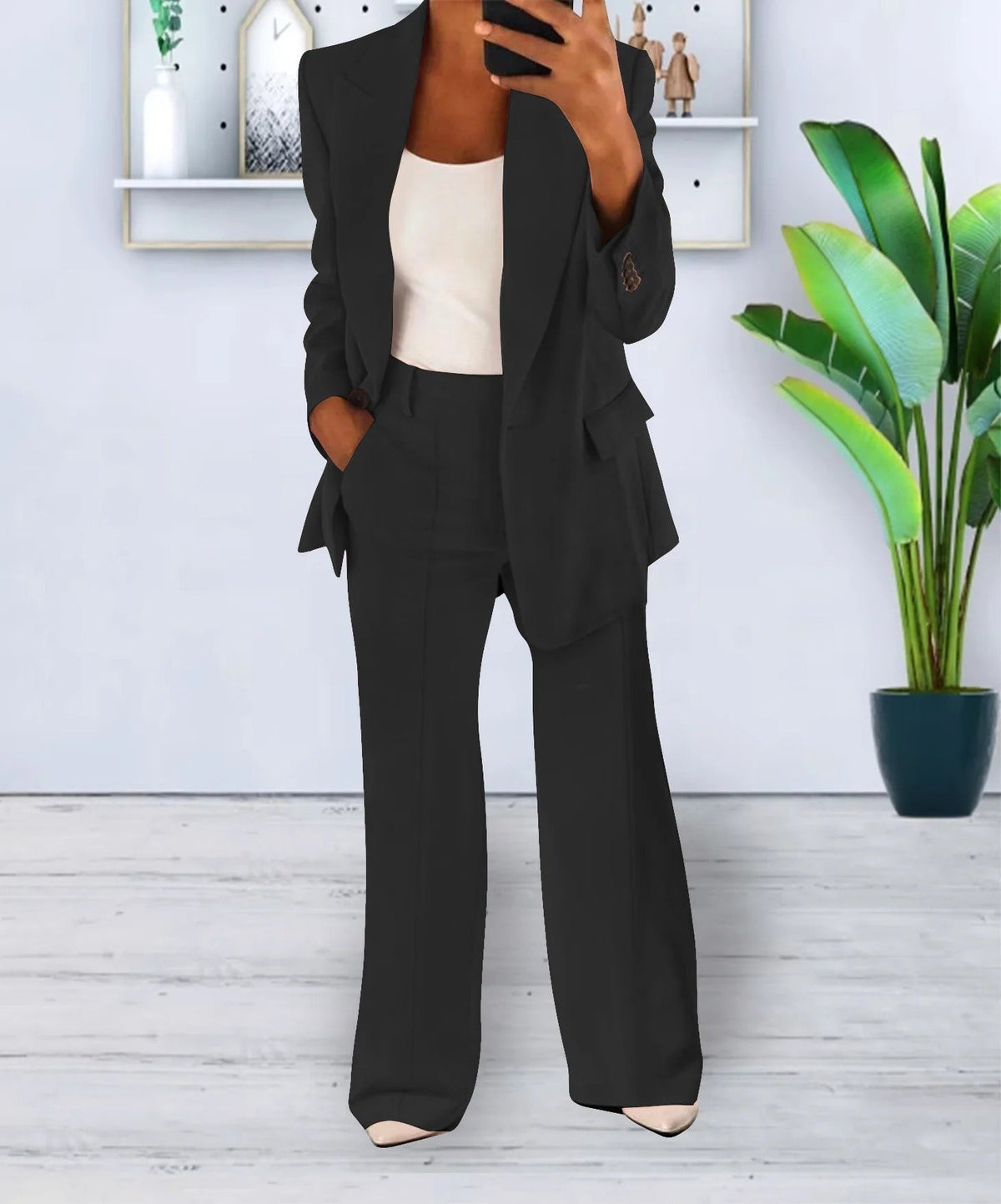 Raphaëlle | Ensemble Blazer Élégant Femme Coupe Ample et Pantalon Large - Noir