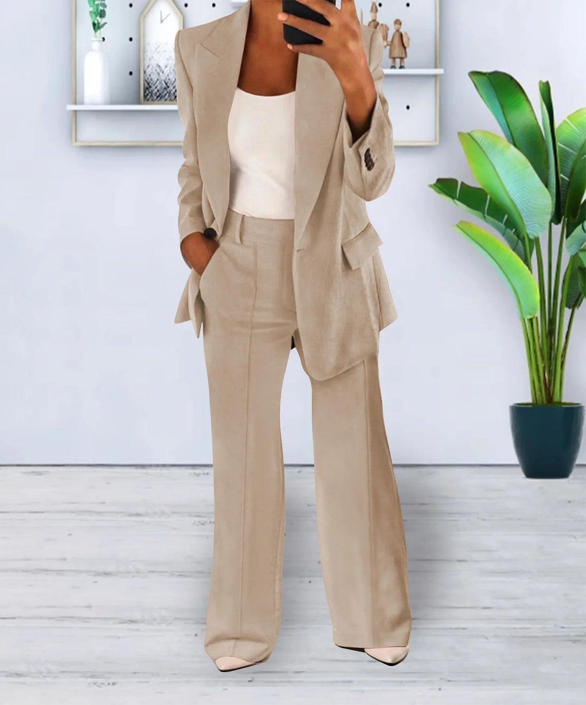 Raphaëlle | Ensemble Blazer Élégant Femme Coupe Ample et Pantalon Large - Beige