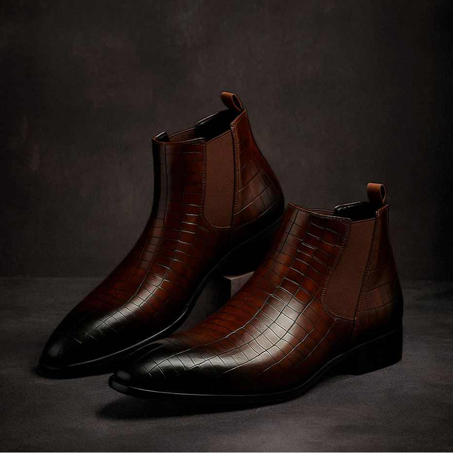 Raymond | Chelsea Boots Homme Effet Cuir Embossé Façon Croco - Marron foncé