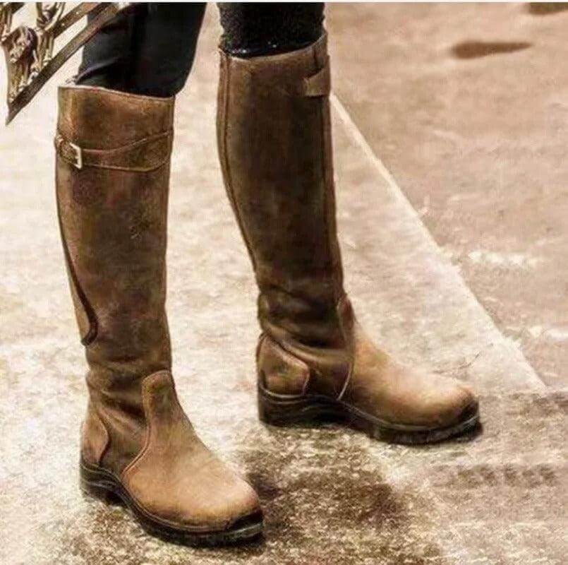 Régine | Bottes Cavalières Femme Hautes à Boucle, Aspect Nubuck - Brun châtain