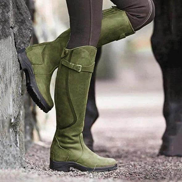 Régine | Bottes Cavalières Femme Hautes à Boucle, Aspect Nubuck - Vert olive